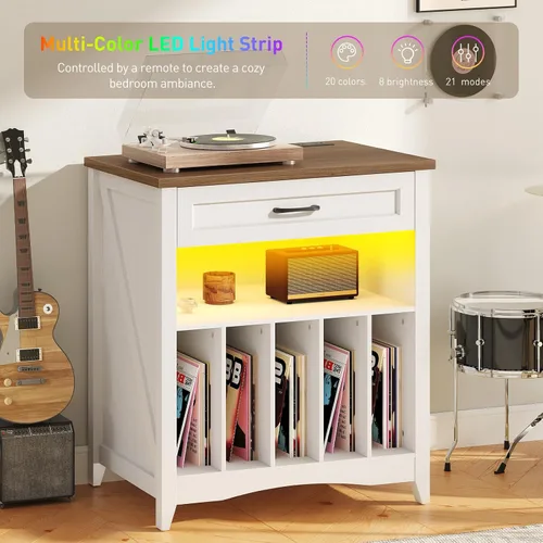 Miniatura 3 de RALGEND Soporte grande para tocadiscos con estación de carga, armario de almacenamiento de discos de vinilo con cajón y LED, mesa giratoria