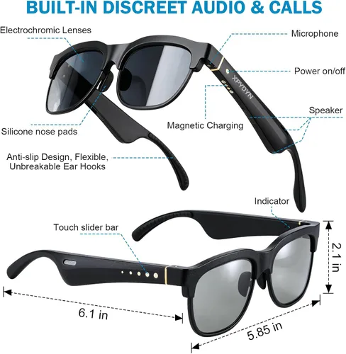 Miniatura 5 de Lentes de sol inteligentes Bluetooth con lentes electrocrómicos, control de tinte multinivel para conducir, viajar, pescar, uso diario, altavoces