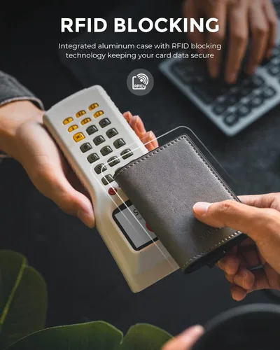 Miniatura 5 de VULKIT Tarjetero RFID Bloqueo de Cuero Automático Pop Up Cartera Aluminio Slim Pocket Tarjeta de Visita