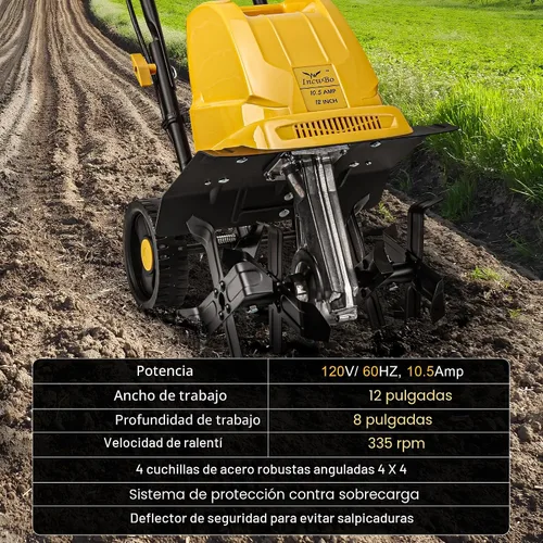 Miniatura 7 de IncwBo Garden Rototiller - Cultivador eléctrico con cable de 12 pulgadas y 10.5 amperios, ruedas ajustables, profundidad de labranza de 8 pulgadas