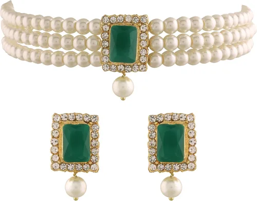 I Jewels Gold Plated Stone Pearl Choker Necklace Jewelry Set of 2 with Stud Earrings for Women Indian Traditional Festive Wedding Bridal Bollywood