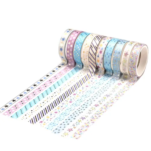 Miniatura 4 de YUBBAEX Juego de 10 rollos de cinta washi brillante, 8mm de ancho, de lámina dorada decorativa para diario de viñetas, álbum de recortes, Estrellas
