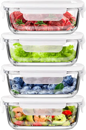 Paquete de 4 recipientes de vidrio de 13 onzas / 0.37 L con tapas, recipientes de almacenamiento de vidrio con tapas, sin BPA, organizadores y