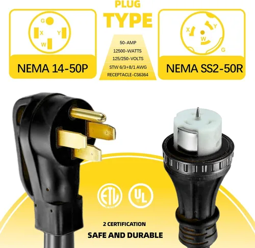 Miniatura 4 de Cable de extensión de generador de 50 amperios, cable de alimentación resistente de 13 pies 14-50P a SS2-50R para RV, interruptor de transferencia