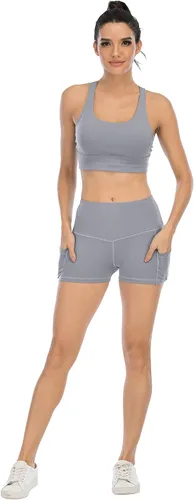 Miniatura 3 de CHRLEISURE Paquete de 4 pantalones cortos de yoga de elastano con bolsillos para mujer, pantalones cortos de entrenamiento de cintura alta