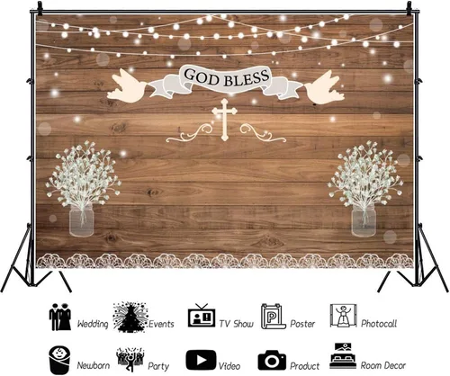 Miniatura 3 de Leyiyi Telón de fondo de 5 x 3 pies con diseño de cruz de bautismo de comunión con diseño de cruz de madera rústica, fondo de fotografía, flores