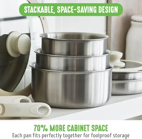 Miniatura 4 de GreenLife Ollas y sartenes de acero inoxidable de 10 piezas, juego de cocina desmontable y apilable, utensilios de cocina sin PFAS de tres capas