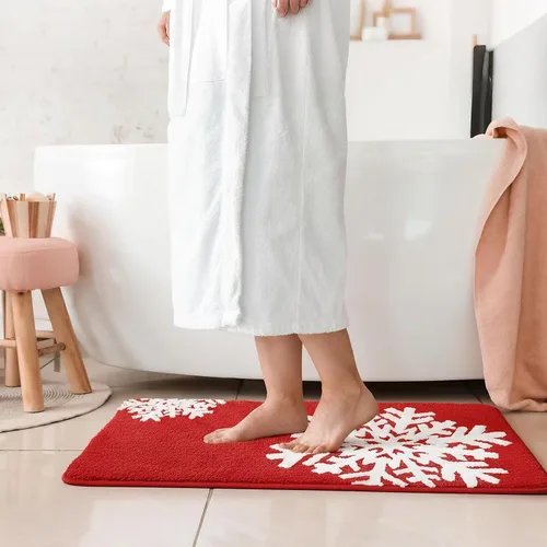 Miniatura 2 de Ceenna Alfombra de baño roja de invierno, lavable, absorbente de agua, antideslizante, divertida alfombra de baño con patrones de copo de nieve