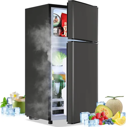 Miniatura 10 de Mini refrigerador con congelador, refrigerador pequeño de doble puerta, refrigerador de dormitorio para soltero, con estantes extraíbles para Negro