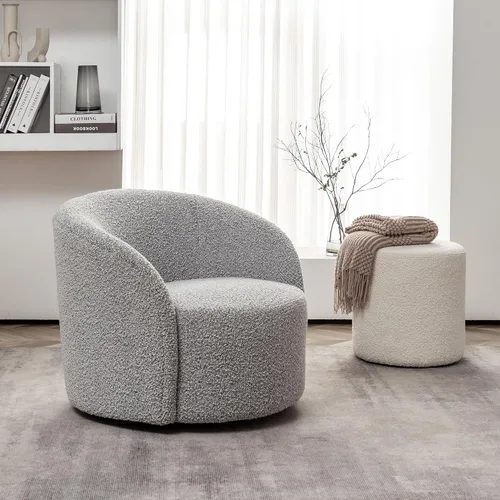 Miniatura 20 de KINWELL Silla giratoria Boucle de 34 pulgadas con juego otomano redondo de 18 pulgadas, juego totalmente ensamblado de silla y reposapiés de sherpa