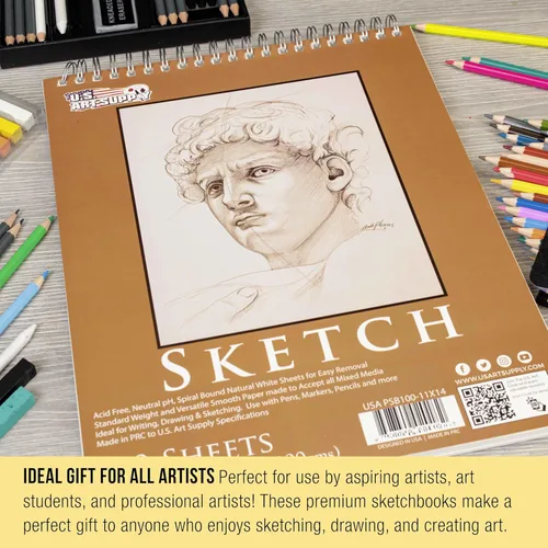 Miniatura 6 de U.S. Art Supply Cuaderno de bocetos encuadernado en espiral superior de 11 x 14 pulgadas, paquete de 2, 100 hojas cada una, 60 libras (100 gsm), sin
