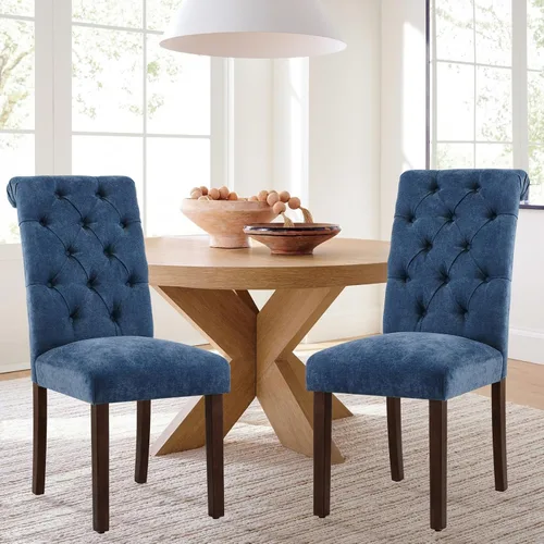 Miniatura 21 de COLAMY Juego de 2 Sillas de Comedor Copetudas, Sillas de Cocina Accent Parsons Tapizadas en Tela Elegante con Patas de Madera Maciza y Asiento Beige