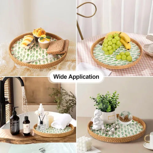 Miniatura 2 de Bandeja redonda de ratán con incrustaciones de nácar, bandeja de ratán para café, pan, frutas, bandeja decorativa de mimbre para decoración de mesa