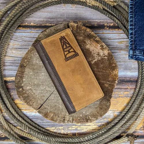 Miniatura 3 de HOOEY Cartera Western Rodeo de cuero para hombre, Logotipo de cerdo en relieve- Marrón