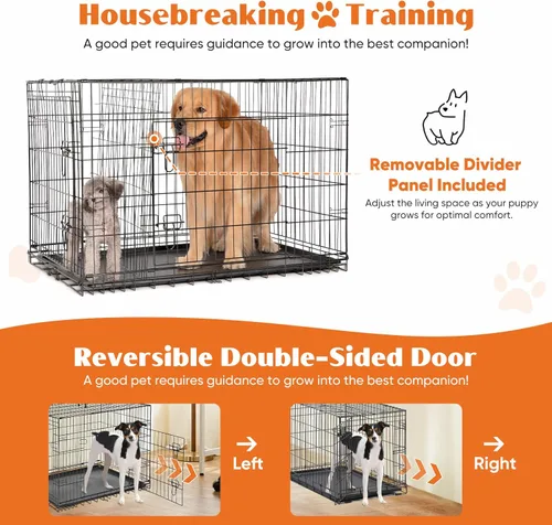 Miniatura 4 de Sweetcrispy Jaula para perros de 48 pulgadas, jaulas medianas y grandes de doble puerta plegable de alambre de metal con bandeja de plástico a