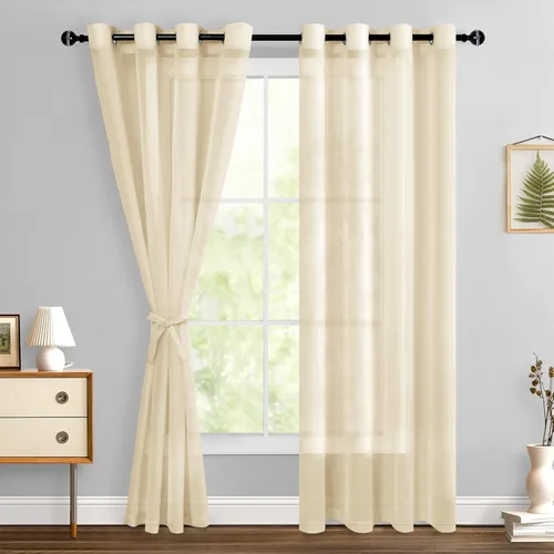 Miniatura 117 de Hiasan - Cortinas traslúcidas de gasa cortas semitransparentes con ojales y alzapaños filtrantes de luz para ventana, dormitorio, baño, 2 paneles