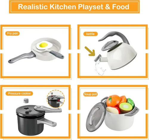 Miniatura 5 de 105 piezas de accesorios de juguete de cocina para niños, juego de cocina de camping y barbacoa para niños pequeños, juego de ollas, sartenes, Blanco