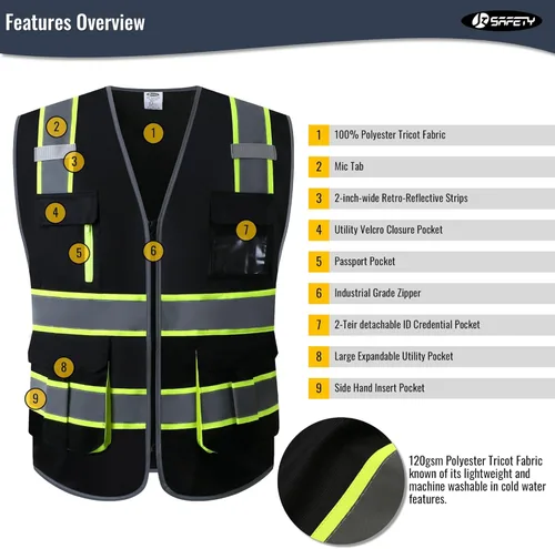 Miniatura 3 de JKSafety Chaleco de seguridad negro de alta visibilidad con 7 bolsillos para hombres y mujeres, cremallera frontal con tiras reflectantes de alta