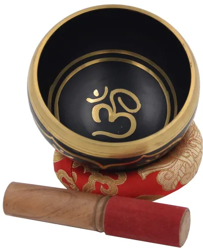 Miniatura 3 de DharmaObjects Mediano ~ Juego de cuencos cantantes hindú OM ~ con mazo, cojín de brocado y bolsa de transporte ~ para meditación, curación