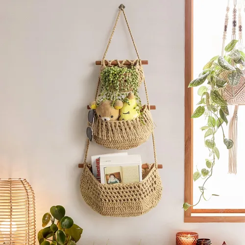 Miniatura 4 de Cesta de frutas colgante, organizador de 3 niveles sobre la puerta, cestas de pared de yute tejidas a mano para organizar, decoración BOHO