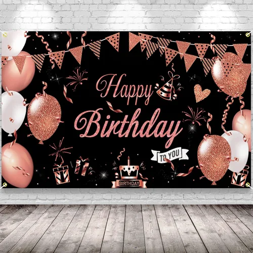 Cartel de feliz cumpleaños negro y oro rosa, decoración de fondo de feliz cumpleaños para mujeres y niñas