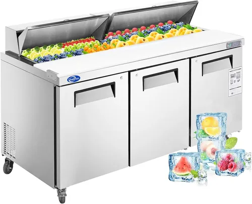 Refrigerador comercial de 3 puertas de 72 pulgadas de ancho, mesa de preparación de ensaladas, refrigerador de acero inoxidable con tabla de cortar,