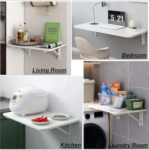 Miniatura 3 de Mesa plegable blanca para montar en la pared, estación de trabajo, mesa de pared plegable de madera para cocina, mesa de comedor, ahorro de espacio