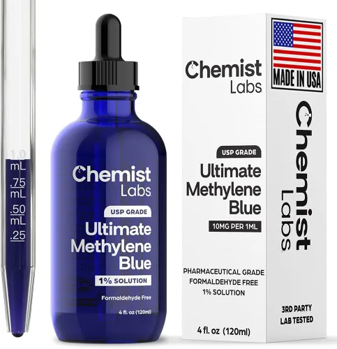 Gotas de azul de metileno 1% grado farmacéutico 99% de pureza grado USP, metileno azul, soporte celular y mitocondrial, probado por terceros,