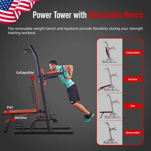 Miniatura 3 de HARISON Torre de potencia multifunción con banco, barra de dominadas resistente, estación de inmersión para gimnasio en casa, entrenamiento