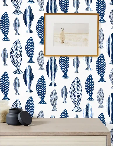 Miniatura 7 de HAOKHOME Papel tapiz autoadhesivo para despegar y pegar, diseño abstracto de peces costeros, enrejado del mundo submarino, papel de contacto