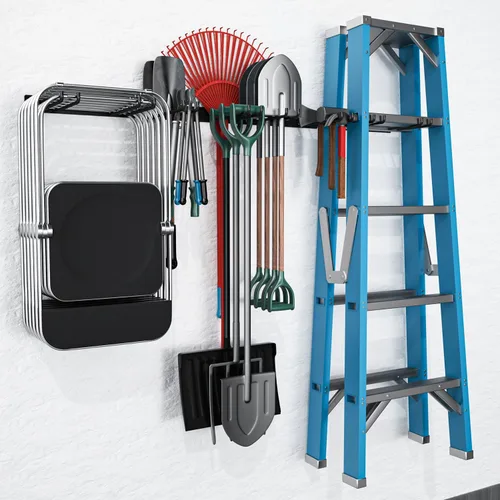 Miniatura 2 de MOOMSINE Estante de almacenamiento plegable para sillas con montaje en pared, colgador de herramientas de jardín para organización de garaje