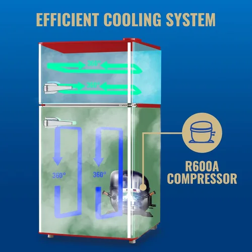 Miniatura 8 de Refrigerador de 3.5 pies cúbicos con congelador, refrigerador de doble puerta color rojo con estantes ajustables de cristal, cajón plástico