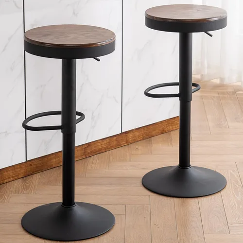 Miniatura 17 de Kidol & Shellder Juego de 2 taburetes de bar negros ajustables giratorios sin espalda, modernos y redondos de madera, sillas de barra de altura sin