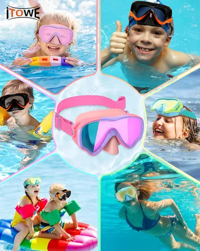 Miniatura 7 de Gafas de natación para niños con correa de tela para niños de 3 a 15 años, gafas de natación a prueba de fugas con cubierta nasal, vista clara
