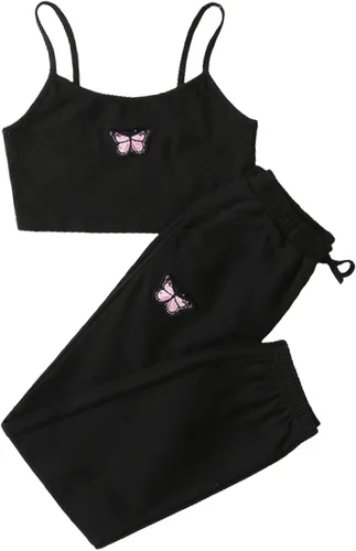 SOLY HUX Conjunto de 2 piezas para niña con camiseta corta y pantalones deportivos de mariposa, Negro -