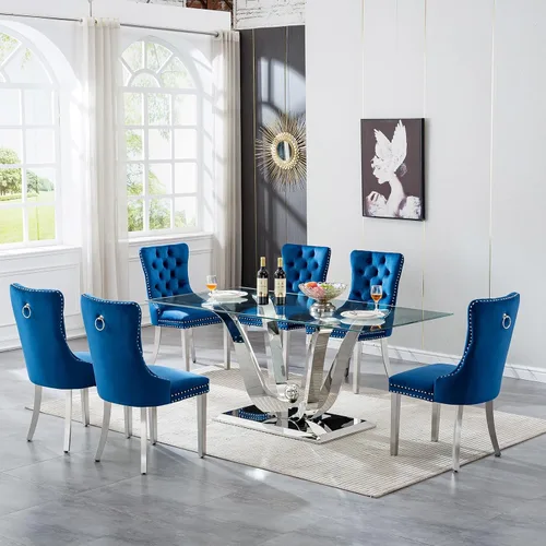 Miniatura 15 de Juego de mesa de comedor de cristal dorado de 5 piezas, 70 pulgadas, rectangular, moderna, para cocina y comedor, mesa de comedor para 4, mesa