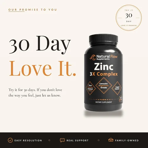 Miniatura 7 de Natural Flow Zinc 3X Complex — 15 mg Tres formas queladas (bisglicinato, carnosina, orrotato) con cobre y vitamina C — Suave para el estómago