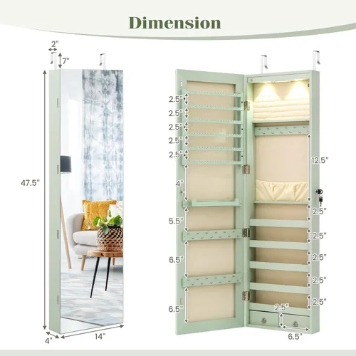 Miniatura 60 de Giantex Armario de joyería para puerta de pared con espejo de longitud completa, 2 LED con cerradura grande organizador de joyas con espejo ancho