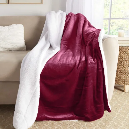Miniatura 2 de Manta de sherpa súper suave reversible ultra lujosa de felpa, 50 x 60 pulgadas, rojo burdeos rico/blanco Rojo borgoña intenso/blanco