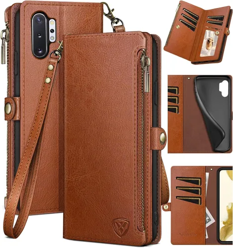 Miniatura 9 de XcaseBar Funda tipo cartera para Samsung Galaxy Note 10 Plus con cremallera y tarjetero de crédito con bloqueo RFID, funda de piel sintética