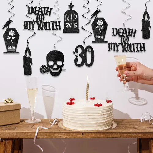 Miniatura 7 de Fuutreo 36 decoraciones de Death to My 20 para cumpleaños de 30 años, diseño de remolinos colgantes de treinta cumpleaños, decoración gótica