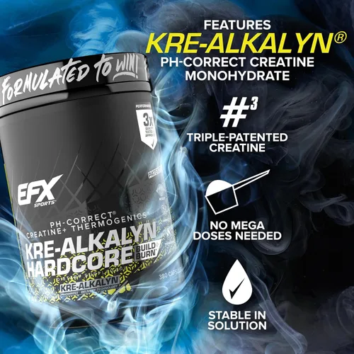 Miniatura 4 de EFX Sports Kre-Alkalyn Hardcore Suplemento termogénico de creatina monohidrato pH correcto, energía y fuerza, preentrenamiento 120 porciones