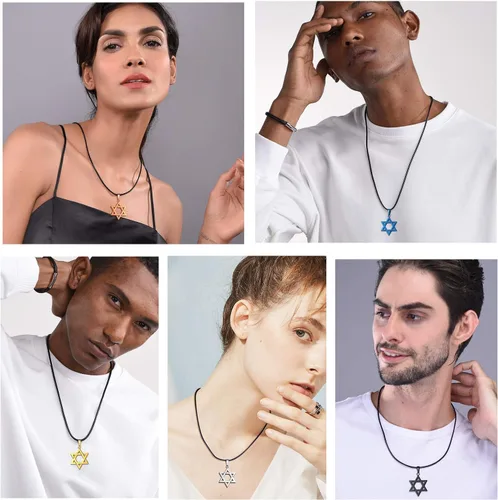 Miniatura 105 de U7 - Collar con Estrella de David para hombres y mujeres, dije hexagonal de acero inoxidable con cruz/piedra de rubí/collares clásicos judíos
