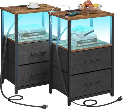 Miniatura 23 de TUTOTAK Mesita de noche LED con estación de carga, mesita de noche grande con puerto USB y Type-C, mesa de noche con cajones de tela, mesa auxiliar