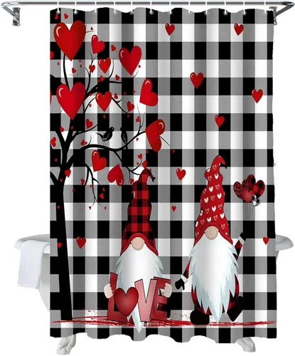 Miniatura 10 de cortina de ducha de gnomos del día de San Valentín, cortina de ducha rosa con corazones de amor para decoración de baño, juegos de cortinas de ducha