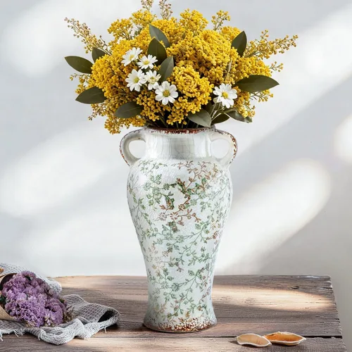 Enra Florero vintage de granja con asa, florero de cerámica chinoiserie floral de 12.6 pulgadas, florero decorativo de flores verde y beige,