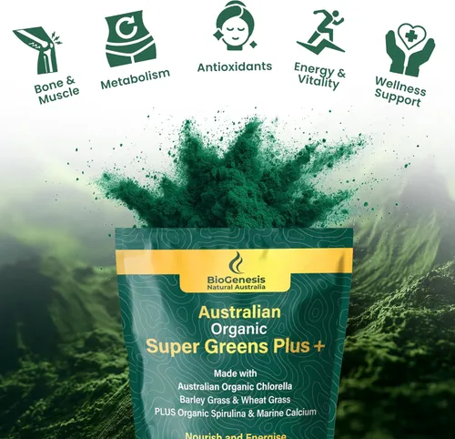 Miniatura 3 de Biogenesis SuperGreens Plus Polvo – 10.58 oz Sin sabor Clorella orgánica, pasto de trigo, hierba de cebada y espirulina Cultivado en Australia