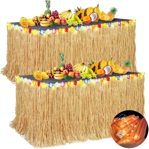 Miniatura 9 de Aneco 2 faldas de mesa de césped Luau de 9 pies x 30 pulgadas con cadena de luz LED, falda de mesa hawaiana iluminada, falda de hierba iluminada