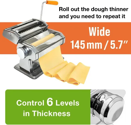 Miniatura 2 de Japard Máquina de pasta ajustable, 6 espesores, ajustes de ancho de 0.079 pulgadas, fácil de limpiar, montaje en mesa, fabricación de fideos caseros