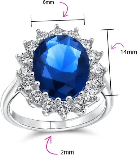 Miniatura 33 de Anillo de compromiso de plata de ley 925 personalizable con halo de corona ovalada de 5 a 7 quilates con circonita cúbica simulada de zafiro azul